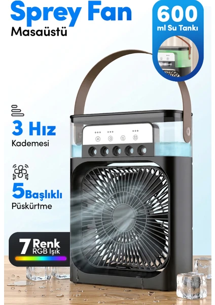 Blic BWFN10 5 Başlıklı Buharlı Klima Fanı 600ML Su Hazneli Siyah | Usb-C Şarjlı Masaüstü Air Cooler Fan 10W 3 Kademeli 7 Renk LED