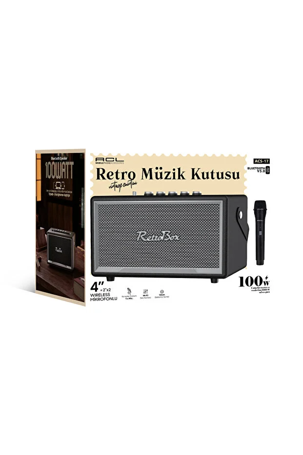 ACL ACS-17 Retro Tasarım 100W Bluetooth Hoparlör – Kablosuz Mikrofonlu Vintage Müzik Kutusu