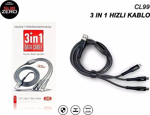 Subzero CL99 1.2 m 3in1 Hızlı Şarj Kablosu