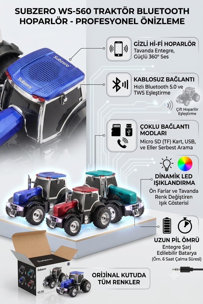 WSTER WS-560 Traktör Görünümlü Taşınabilir Kablosuz Bluetooth Hoparlör ve Radyo lacivert