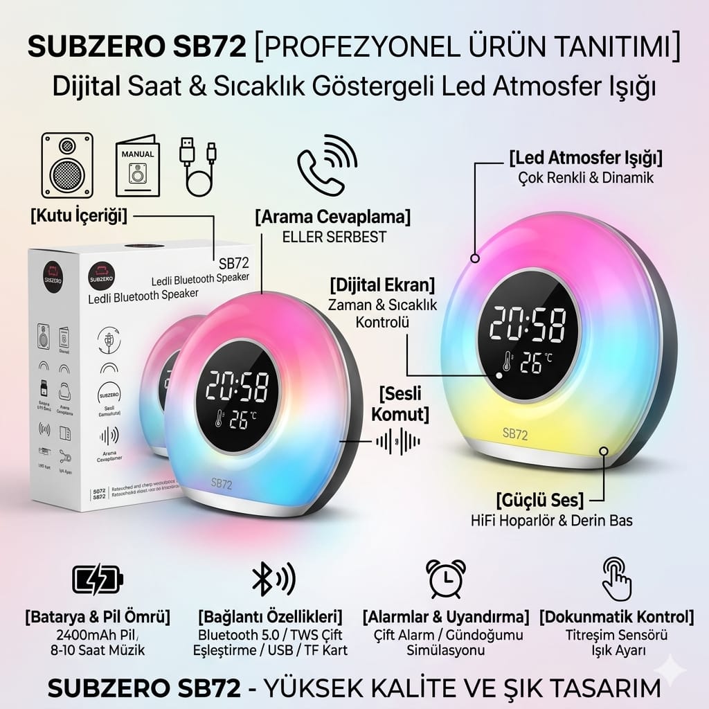 Subzero SB72 Digital Saat/Alarm/Sıcaklık Göstergeli Ledli Bluetooth Müzik Kutusu