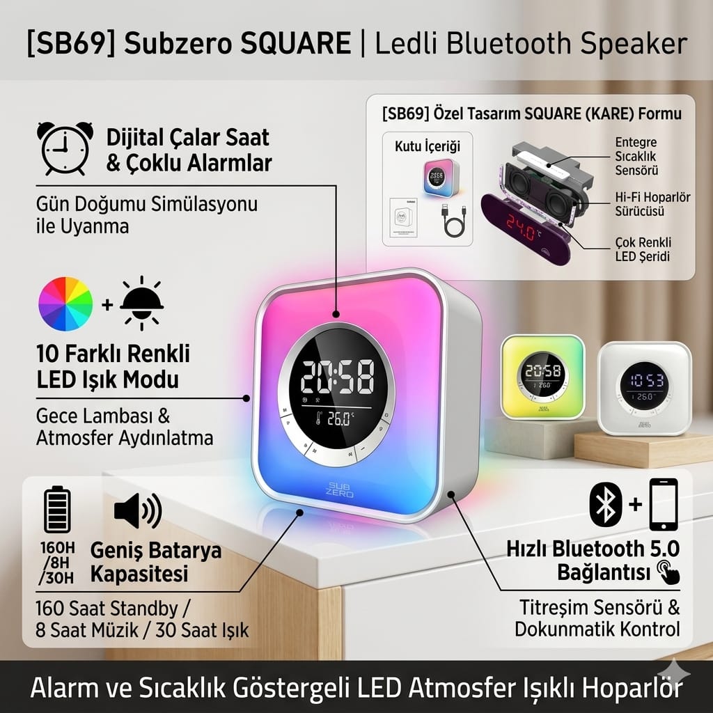 Subzero Sb69 Digital Saat/alarm/sıcaklık Göstergeli Ledli Bluetooth Müzik Kutusu
