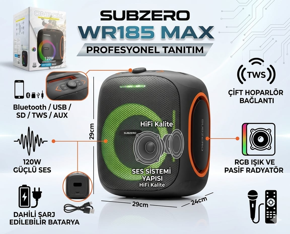 Subzero Wr185 120w Rgb Işıklı Bluetooth / Usb / Sd Müzik Kutusu | Tws Destekli Taşınabilir Hoparlör - Siyah
