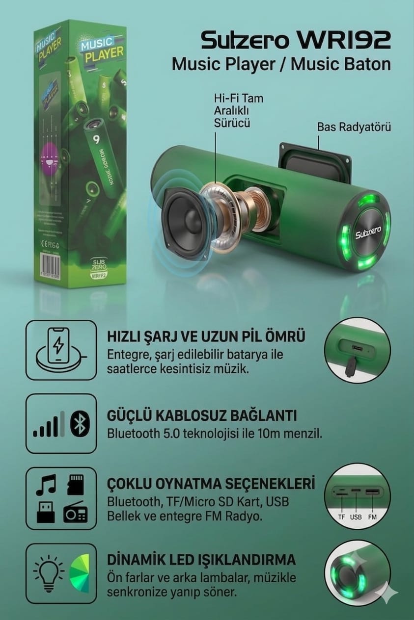 Subzero WR192 Silindir Ekstra Bass Bluetooth/Sd Müzik Çalar 