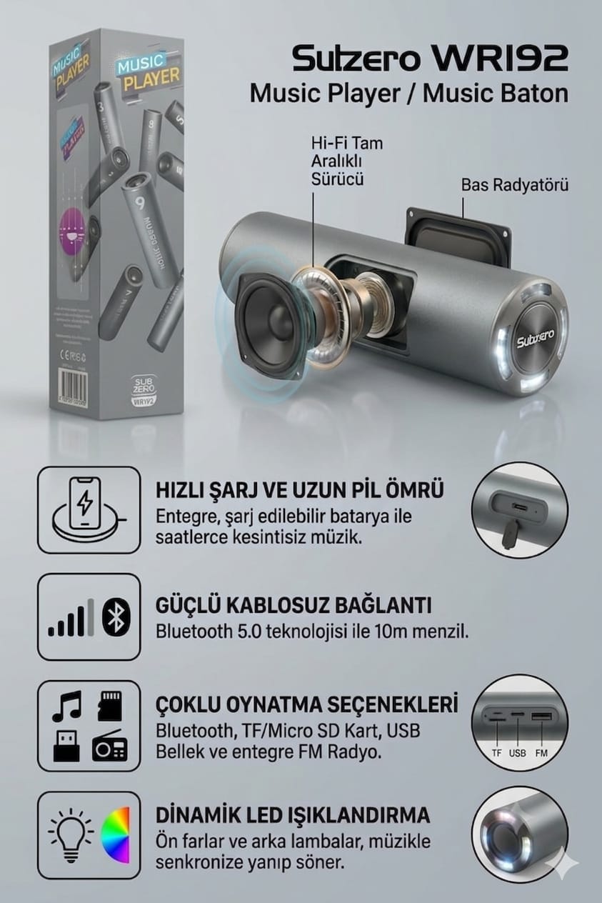 Subzero WR192 Silindir Ekstra Bass Bluetooth/Sd Müzik Çalar 