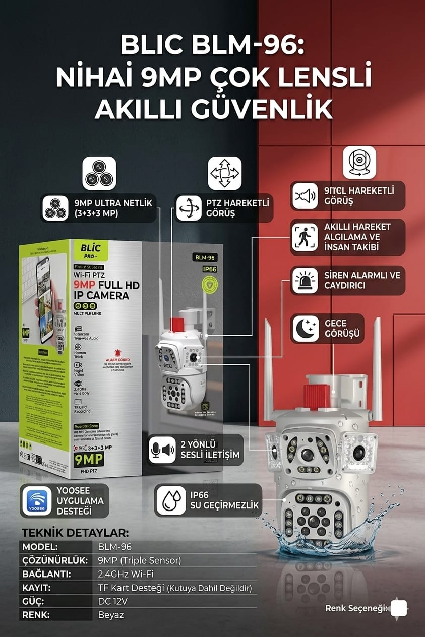 Blic BLM-96 IP Kamera  PTZ 9MP | Çoklu Lens