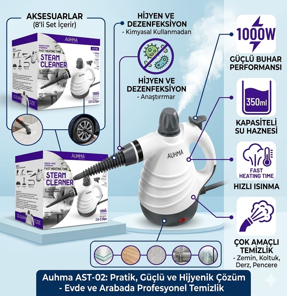 AST 02 Buharlı temizleme makinası 350 W gücünde el tıpı buharlı temizleyici