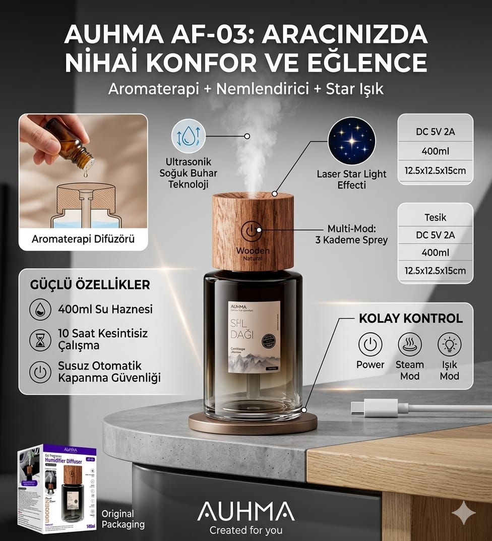Auhma AF-03 140ml Lazer Yıldız Tavan Efektli Araç İçi Hava Nemlendirici