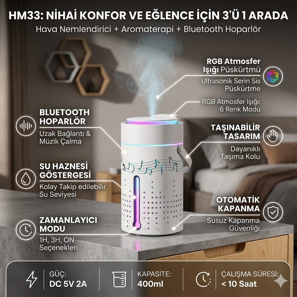 Humidifier HM33 Su Hazneli Buharlı Bluetooth Höparlörlü Hava Nemlendirici