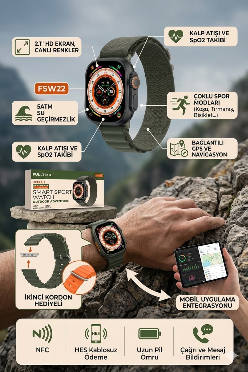 Fulltech Ultra 9, 2.1inch 2 Adet Kordonlu, Nfc Akıllı Saat Fsw-22