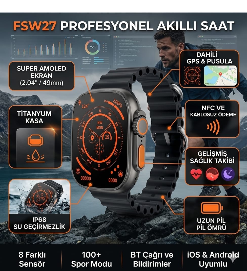 FSW27 IP68 Su Geçirmez iPhone Android Uyum GPS Süper Amoled NFC 2.04/49mm Titanyum Kasa Akıllı Saat (Siyah)