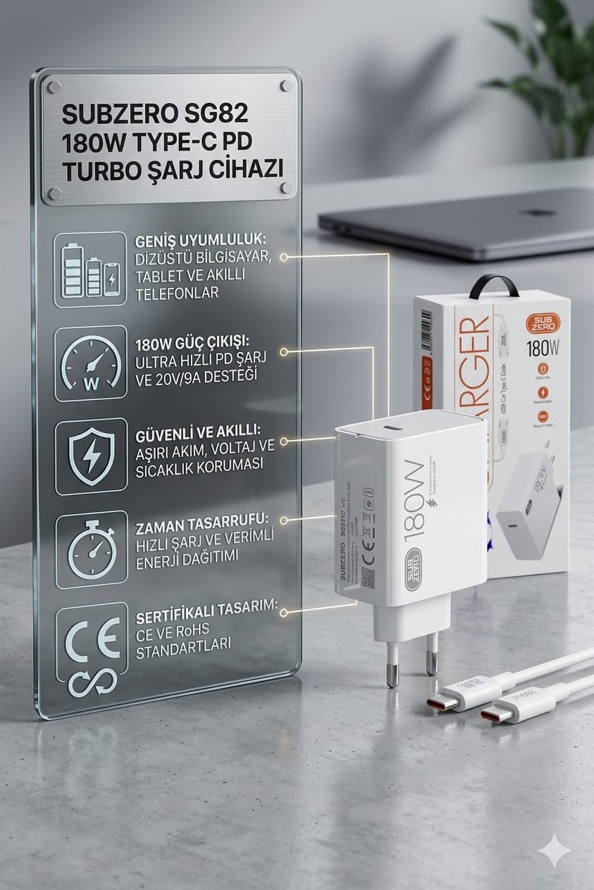 Subzero 180w Type-c Pd Kablolu Sg82 Turbo Ev Tipi Şarj Aleti Salise Gösterir