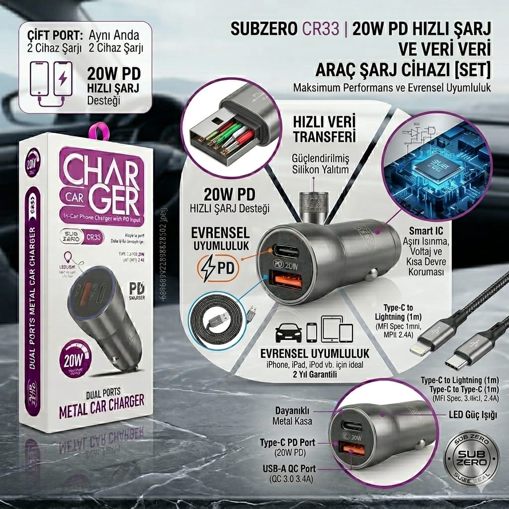 Subzero CR33 20W 3.4A PD+Usb Çıkışlı Metal Ledli Araç Şarj Başlığı