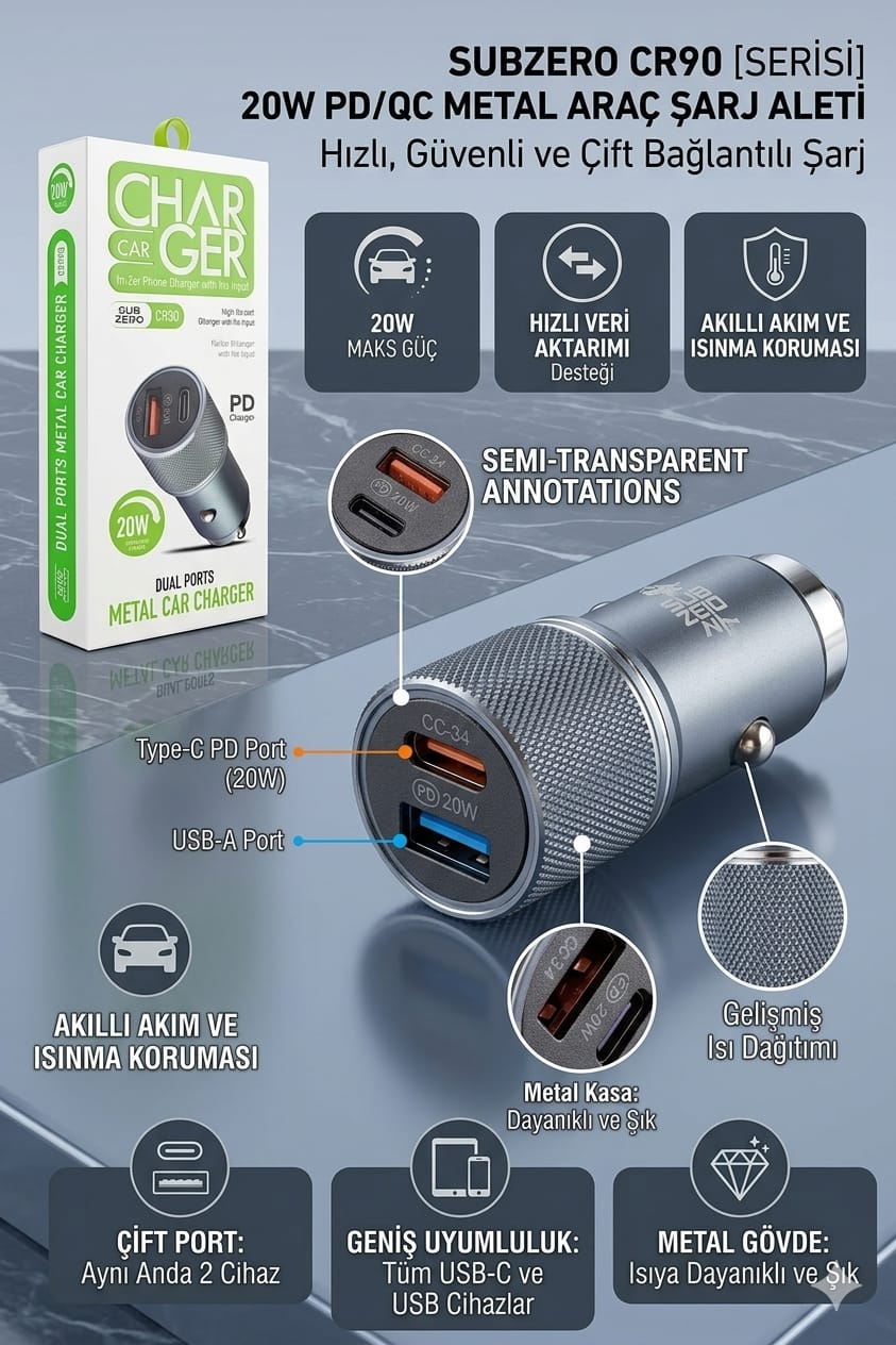 Subzero Cr90 20w Uyumlu 3.4a Hızlı Pd Ve Usb Çıkışlı Araç Şarj Başlığı
