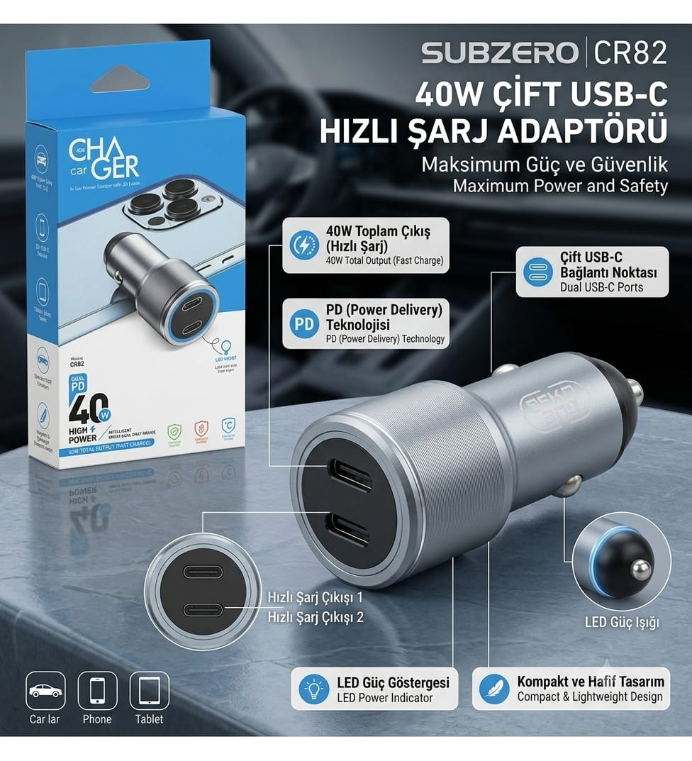 Subzero Çift Çıkış Araç Şarj Başlığı PD 40W Type-C Çıkışlı