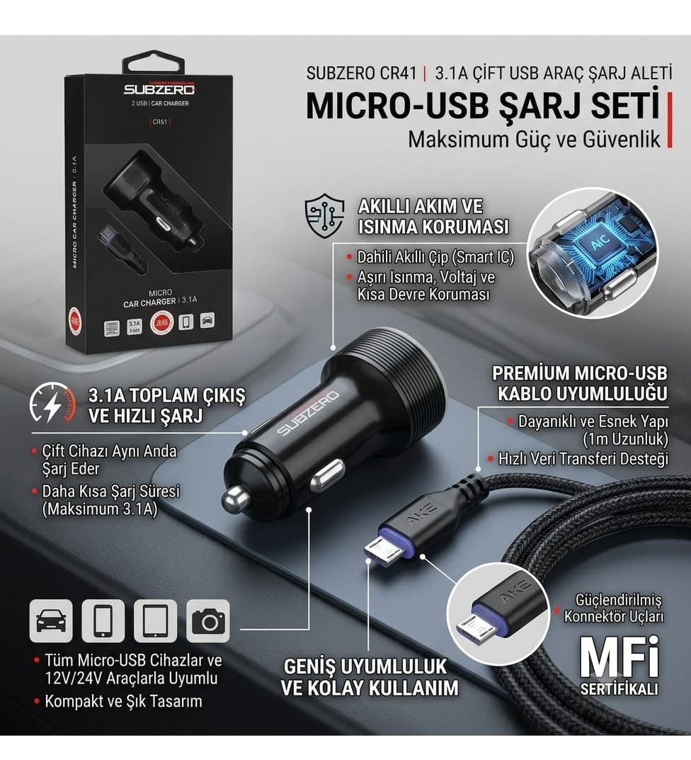 3.1A (Micro) Çift Girişli Oto Araç Çakmaklık Subzero CR41