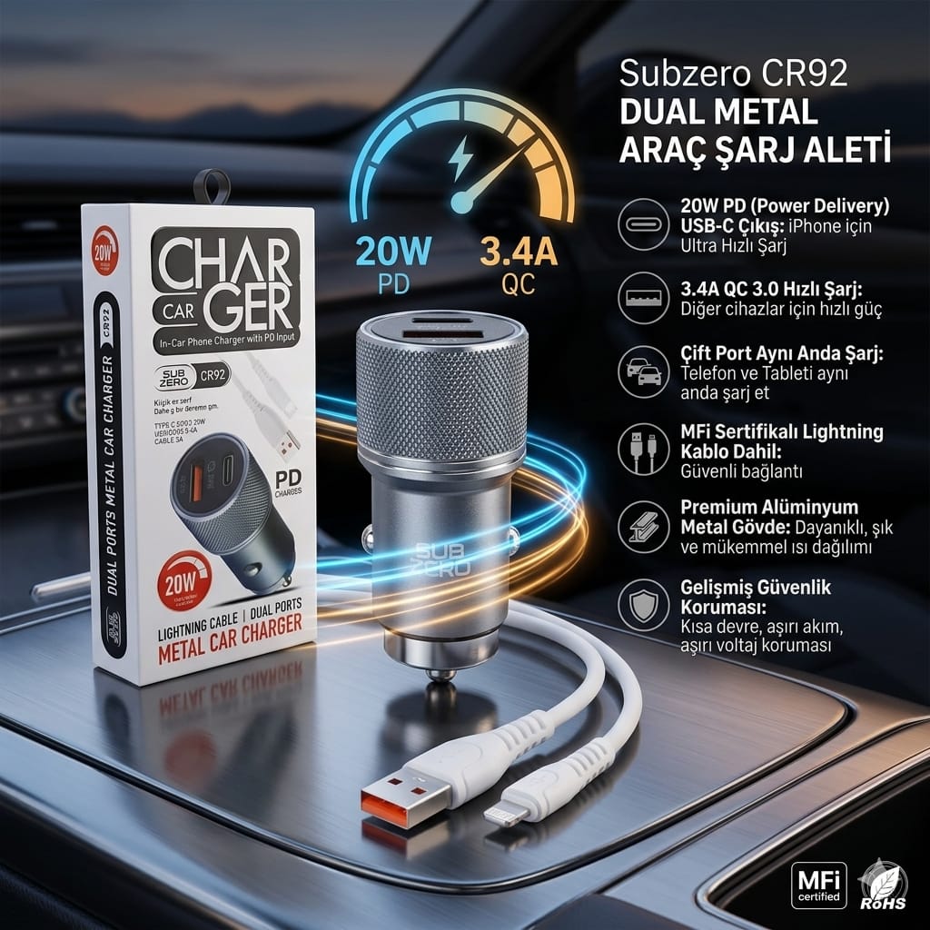 Subzero CR92 20W 3.4A Hızlı PD+Usb Çıkışlı İphone Araç Şarj Aleti