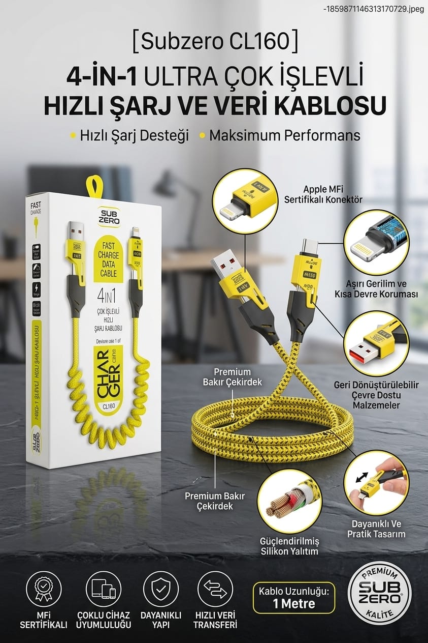 Subzero CL160 4in1 Hızlı Şarj Kablosu | 65W Type-C + 27W Lightning Desteği