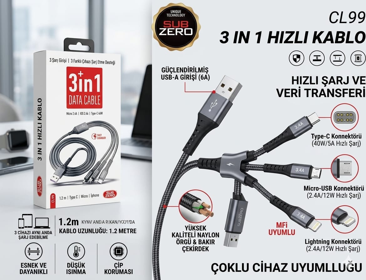 Subzero CL99 1.2 m 3in1 Hızlı Şarj Kablosu