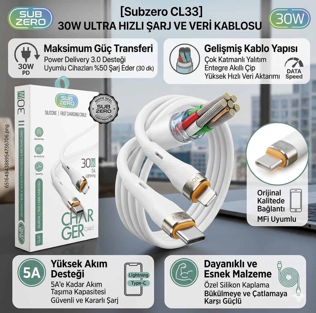 Subzero CL33 30W 5A PD Type-c To Lightning Silikon Kablo