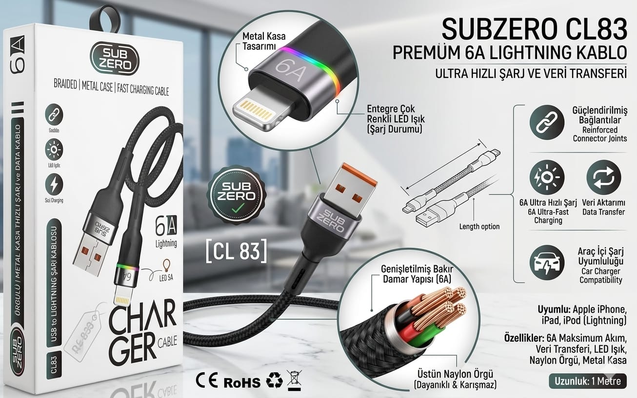 Subzero CL83 6AMPER LİGHTNİNG IŞIKLI ÖRGÜLÜ ŞARJ KABLOSU