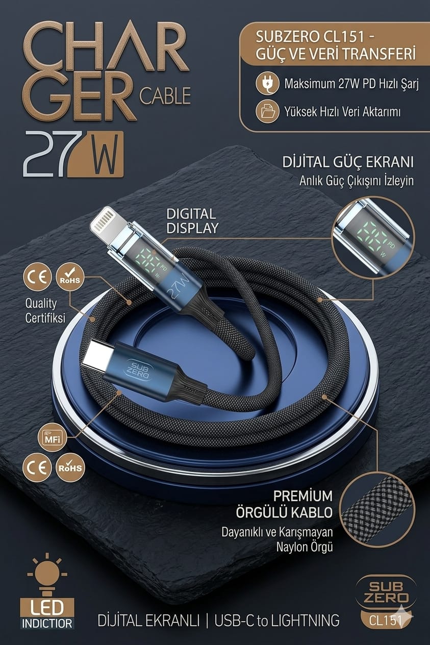 Subzero CL151 27W PD Type-C Lightning Led Göstergeli Hasır Hızlı Şarj Data Kablosu