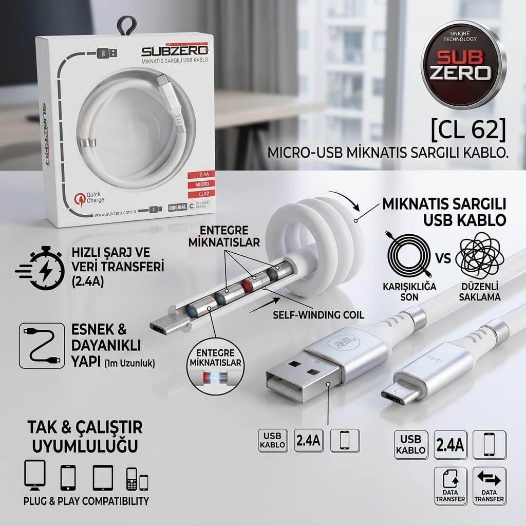 SUBZERO CL62 MİCRO MIKNATIS SARGILI 2.4A KABLO