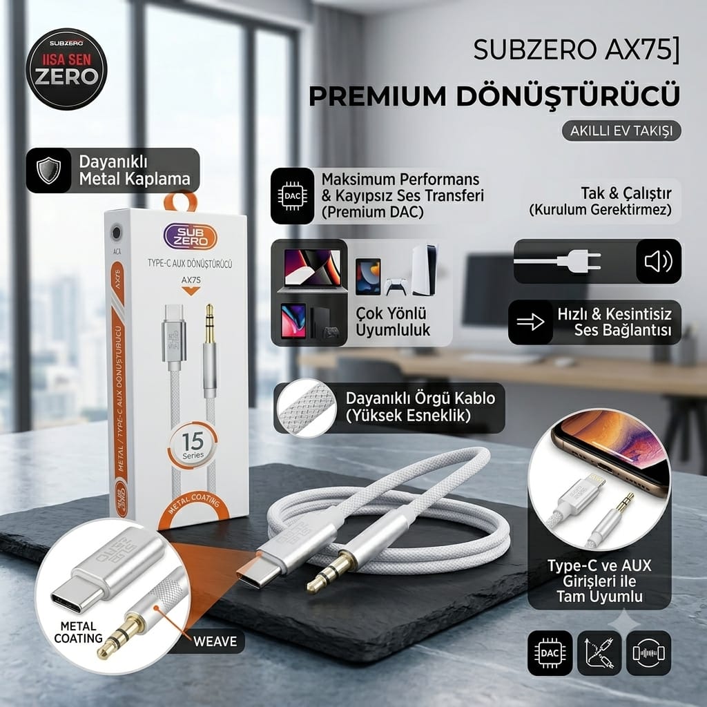 Subzero AX75 Type-C To 3.5 Mm Metal Hasır Aux Kablo(Android ve iPhone 15 tam uyumlu)