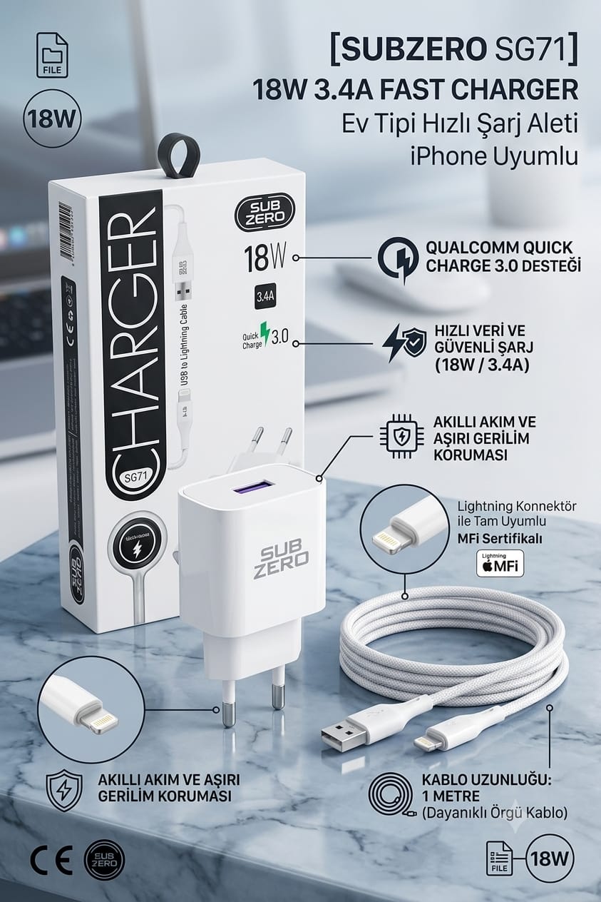 Subzero SG71 18 W 3.4 A Qualcomm Hızlı iPhone Şarj Aleti