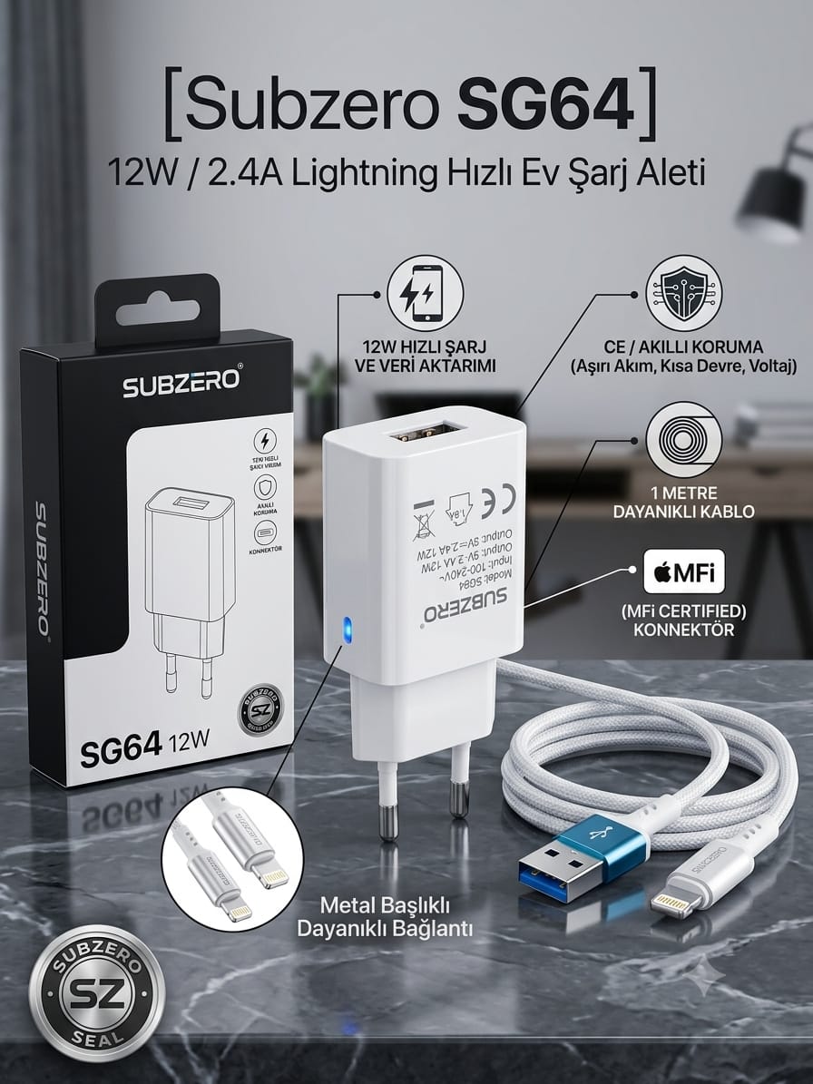 Subzero SG64 12W 2.4A Lightning Ev Şarj Aleti