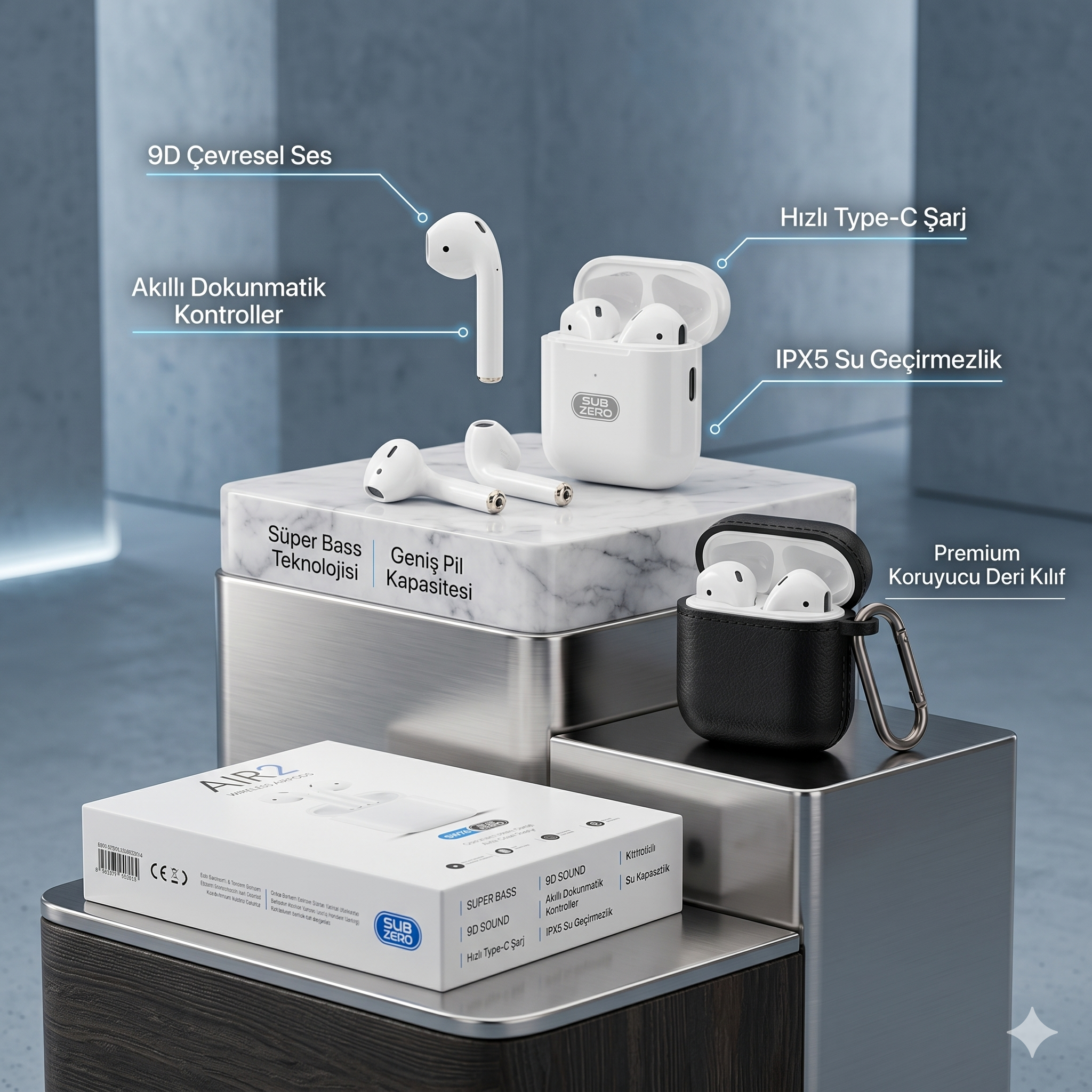 Subzero SW26 AIR2 Bluetooth Kulaklık | Beyaz, Kılıf Hediyeli, TWS Kablosuz Konfor