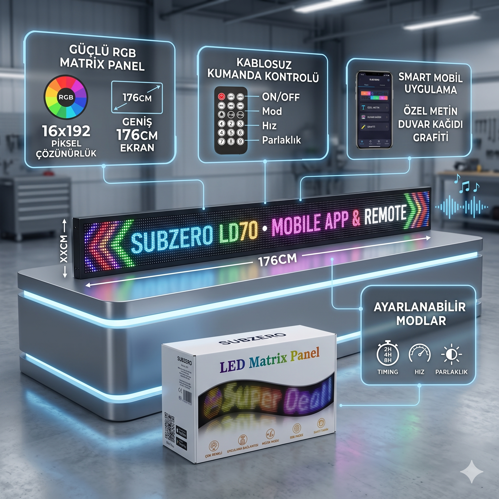 Subzero LD70 (176CM) SLed Matrix Panel Dijital Kayar Rgb Ekran Kumandalı Mobil Uygulamalı