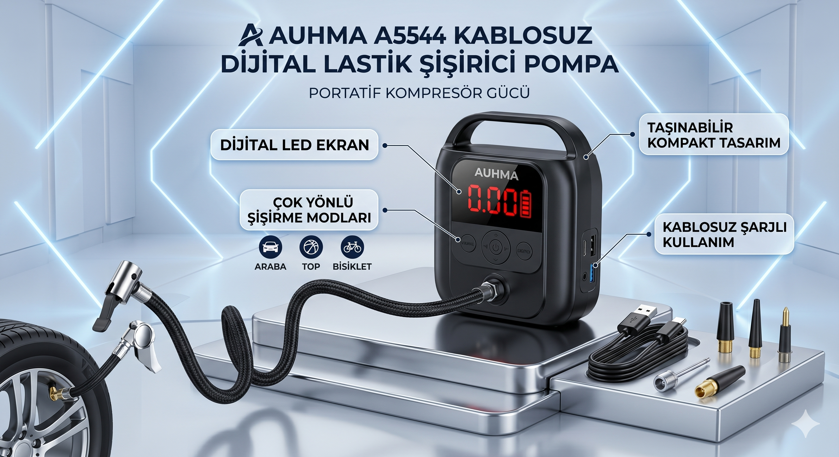 Auhma A5544 Şarjlı Dijital Lastik Şişirme Pompası