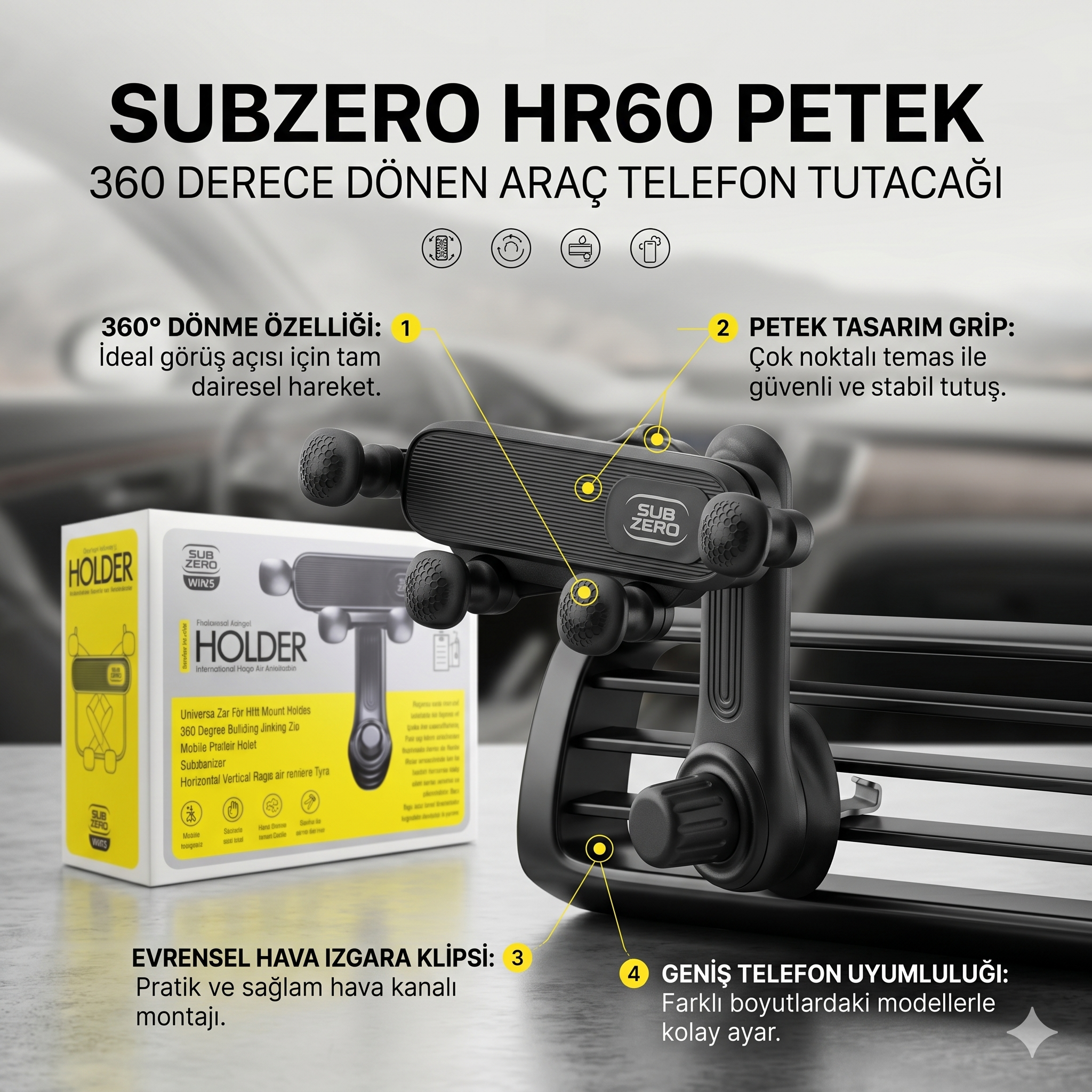 Subzero HR60 Petek 360 Derece Dönen Araç Telefon Tutacağı