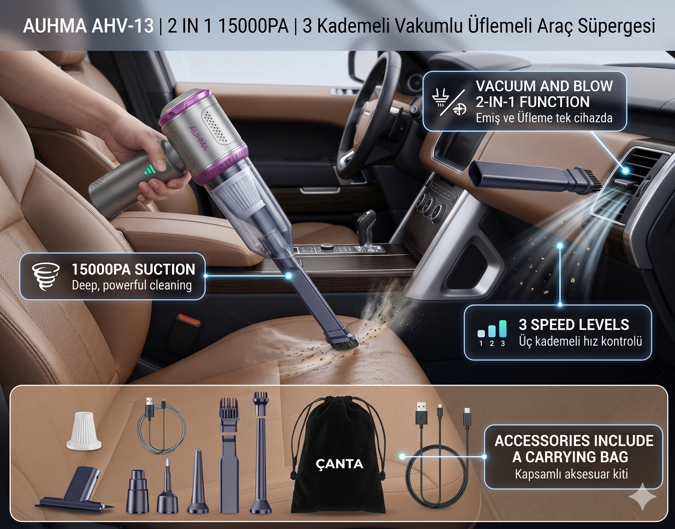 AUHMA ahv13 2 IN 1 15000PA 3 KADEMELİ VAKUMLU ÜFLEMELİ ÇOK AMAÇLI ARAÇ SÜPÜRGESİ