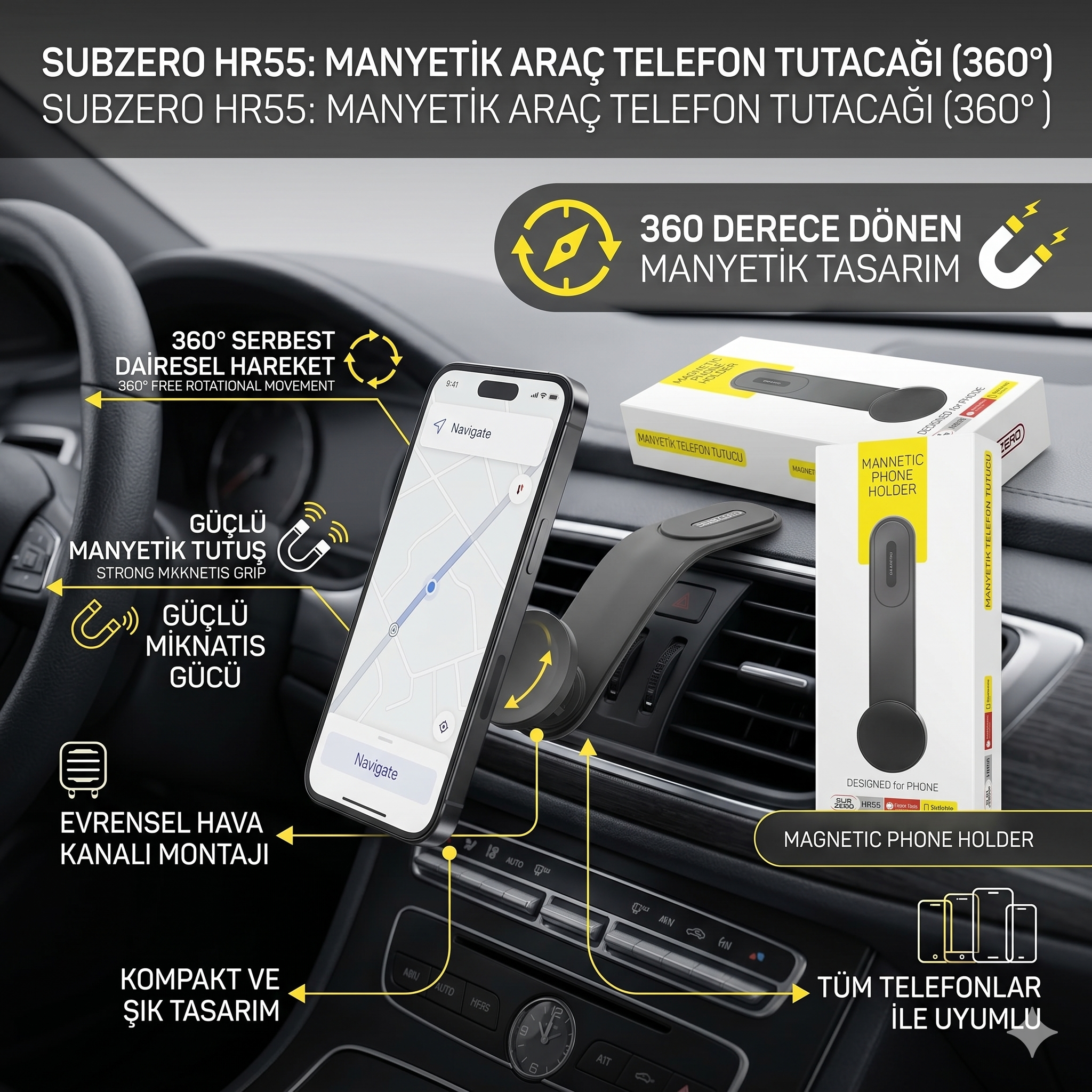 Subzero HR55 Magnetic 360 Derece Dönen Araç Telefon Tutacağı