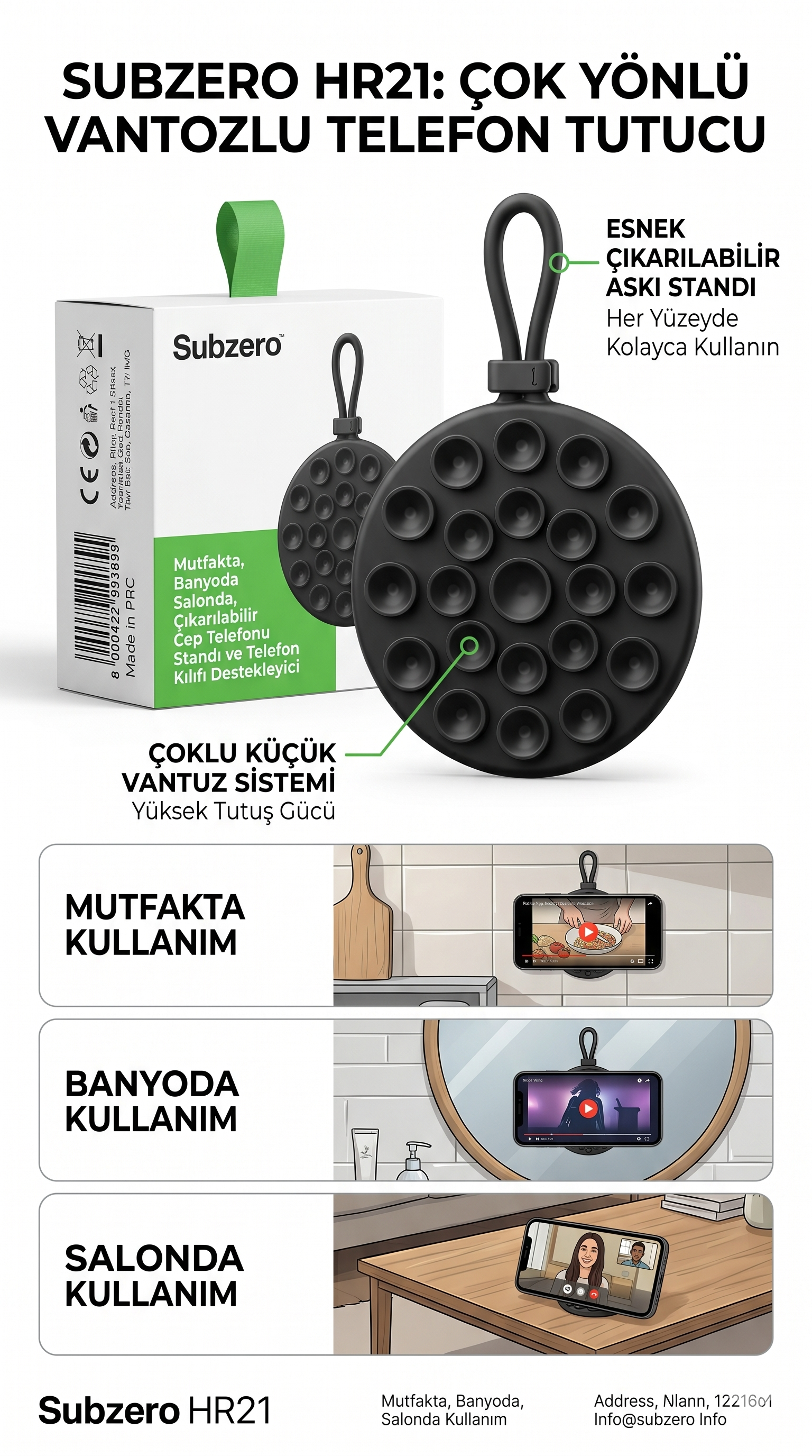 Subzero HR21 Vantuzlu Çıkarılabilir Telefon Standlı Telefon Tutacağı