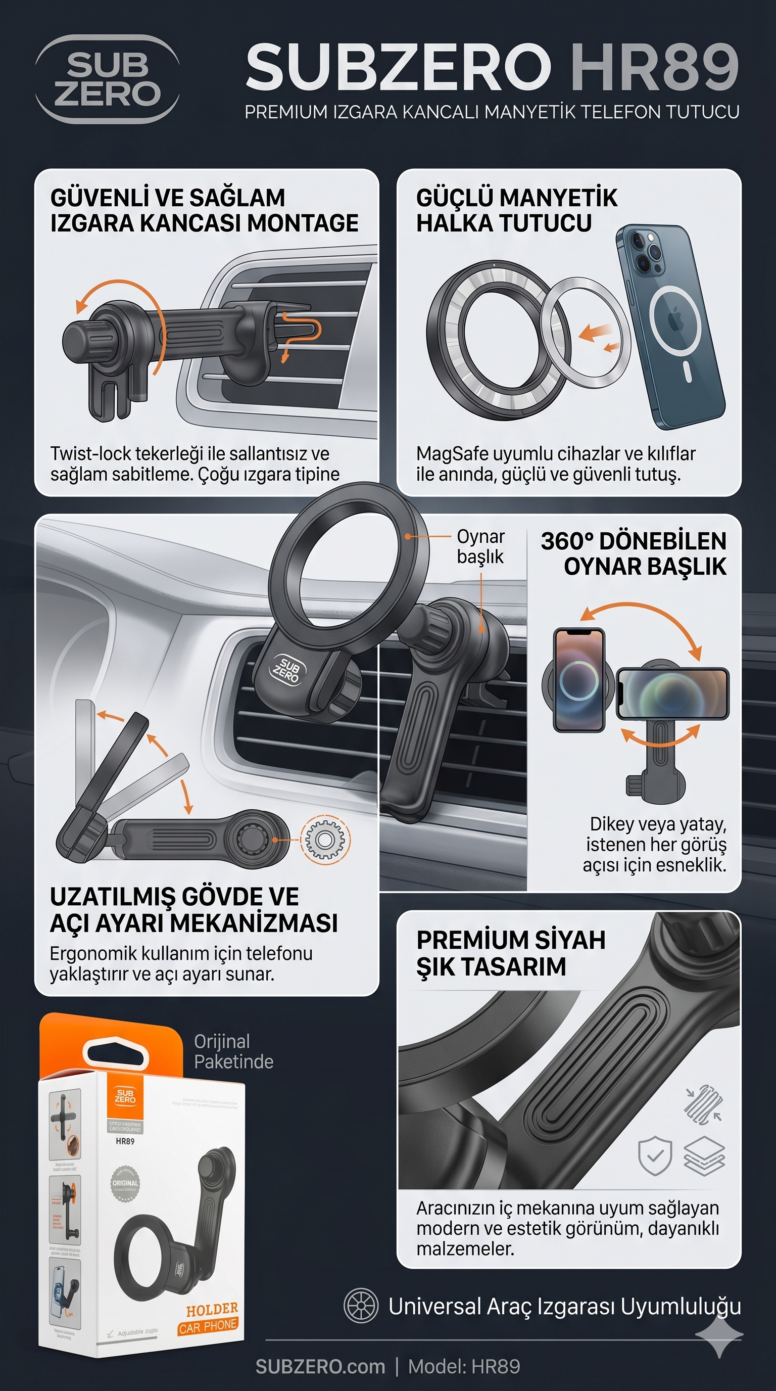 Subzero HR89 Izgara Kancalı Magnetic 360 Derece Dönebilen Premium Araç Içi Telefon Tutucu