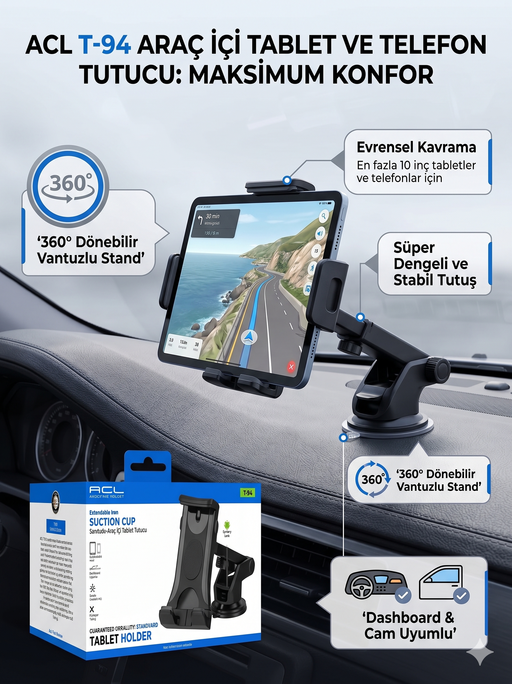 Acl T-94 Araç Içi Tablet ve Telefon Tutucu | 360° Dönebilir Vantuzlu Stand | Dashboard & Cam Uyumlu
